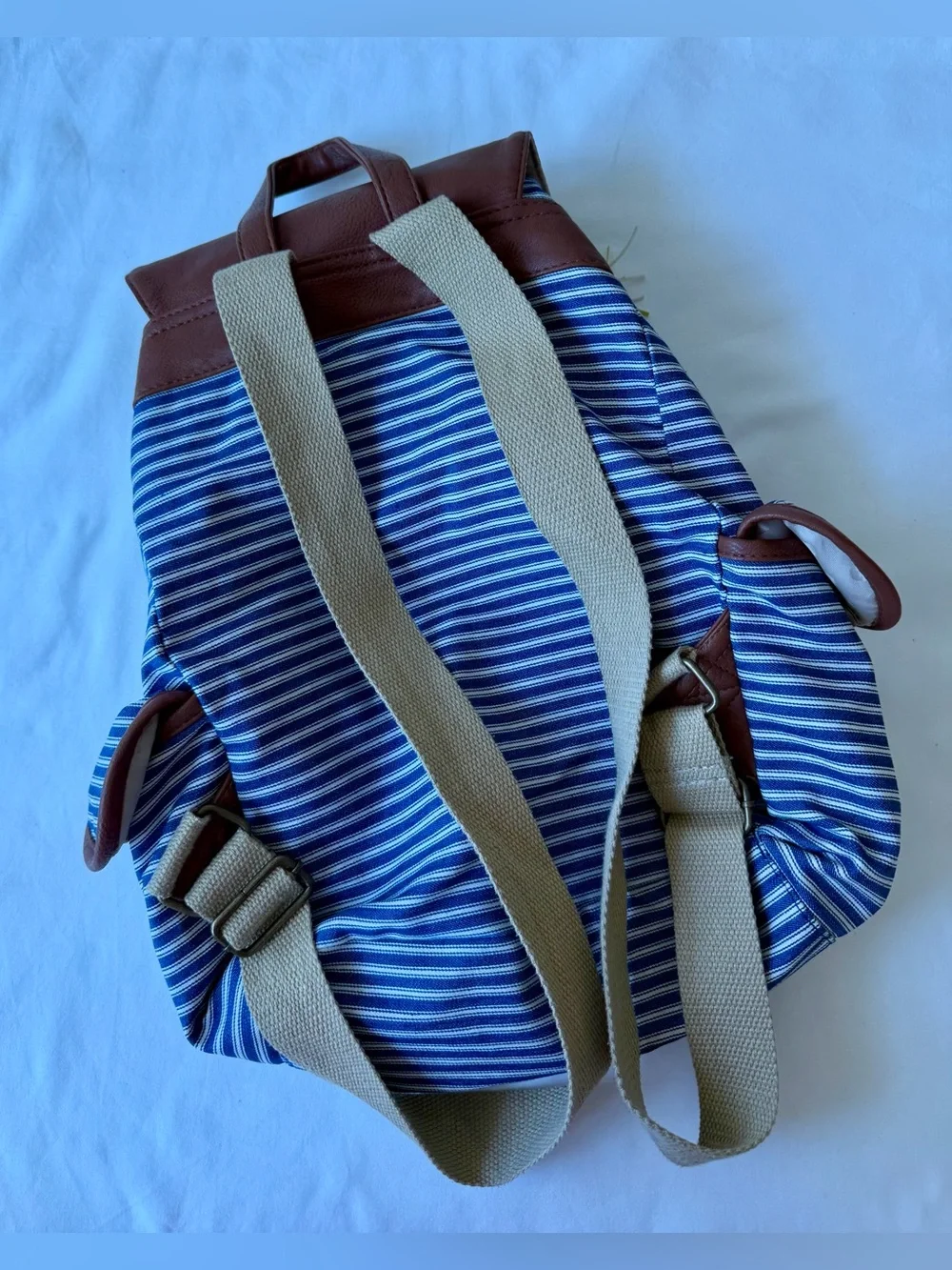 Madden Girl Blue & White Striped Canvas Backpack w/ Faux Leather Trim